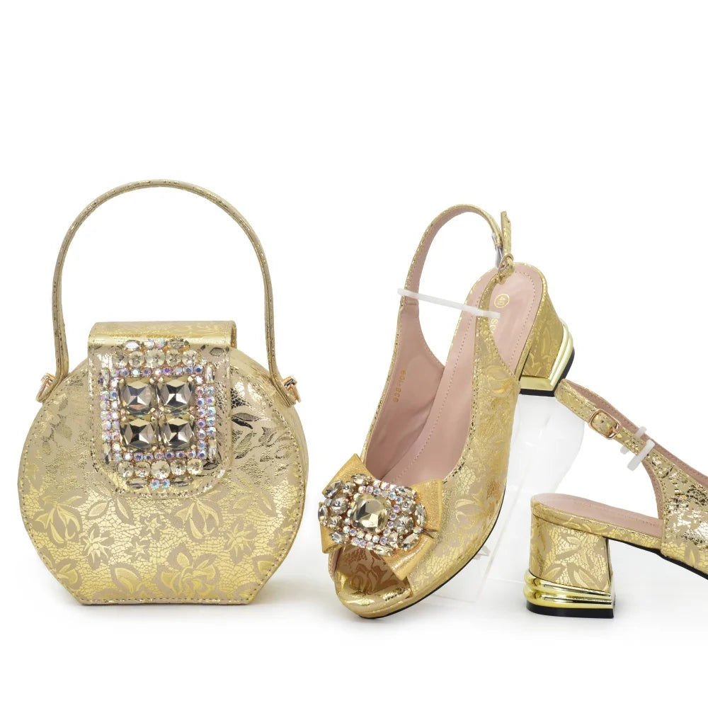 Italian-Style Pink Party Pumps & Matching Bag Set SU1-1  - Gold / 38 - Maison Novaire