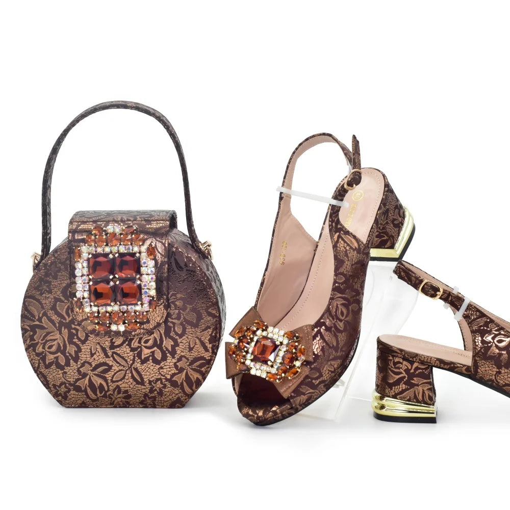 Italian-Style Pink Party Pumps & Matching Bag Set SU1-1  - Coffee / 42 - Maison Novaire