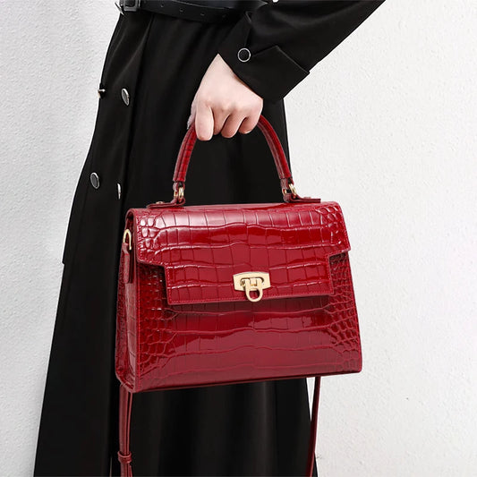 Lacquer Crocodile-Pattern Cowhide Shoulder Bag  - black - Maison Novaire