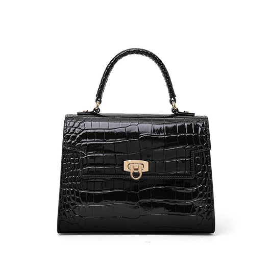 Lacquer Crocodile-Pattern Cowhide Shoulder Bag  - black - Maison Novaire
