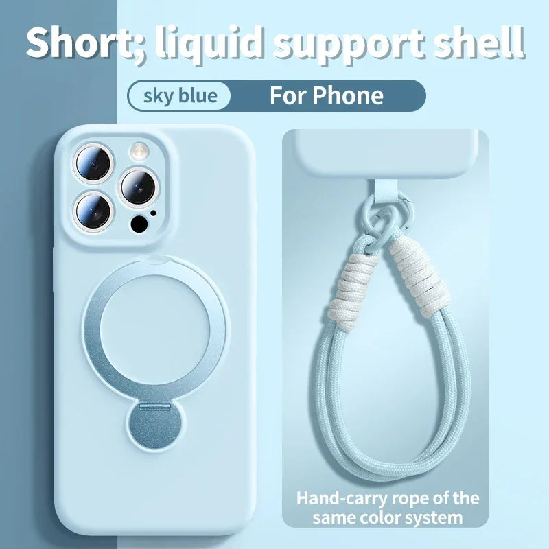 Liquid Silicone Magnetic Bracket Case for iPhone – MagSafe Anti-Fall Protective Cover with Hanging Rope - BLAKESTORE-NG