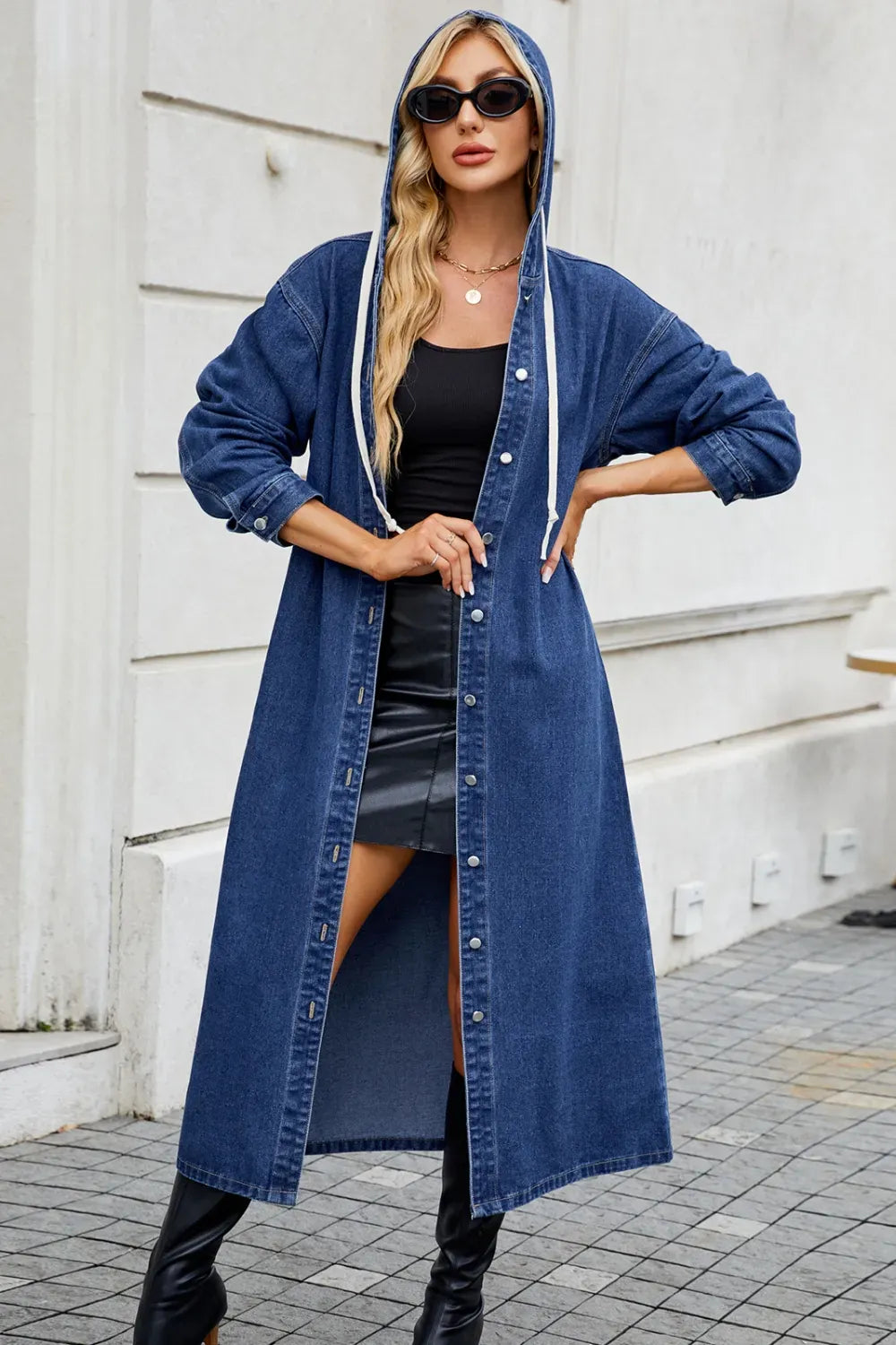 Long Sleeve Longline Hooded Denim Outerwear - BLAKESTORE-NG