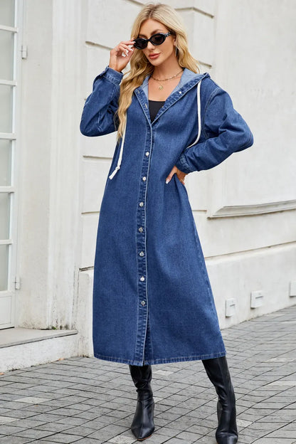 Long Sleeve Longline Hooded Denim Outerwear - BLAKESTORE-NG