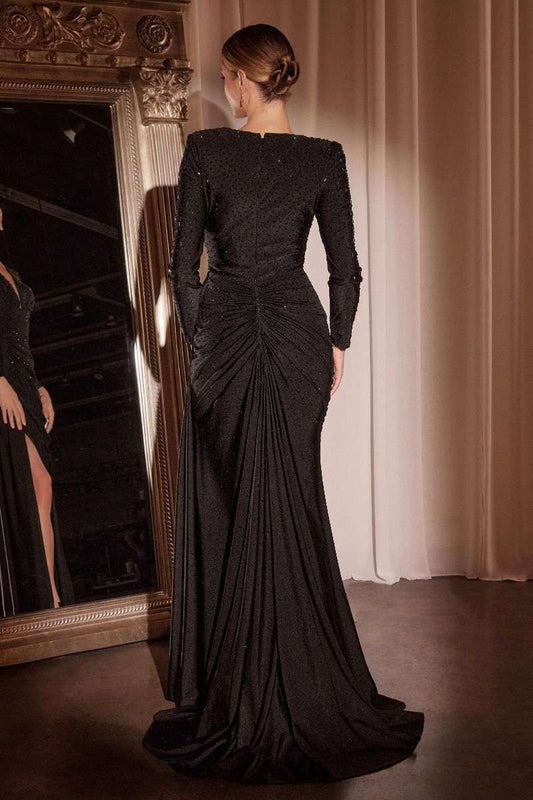 Long Sleeve Satin Gown | Embellished Stretch Formal | Maison Novaire - Maison Novaire