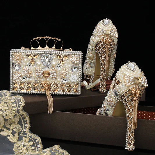 Luxury Beige Pearl Wedding Shoes with matching Bag. - BLAKESTORE-NG