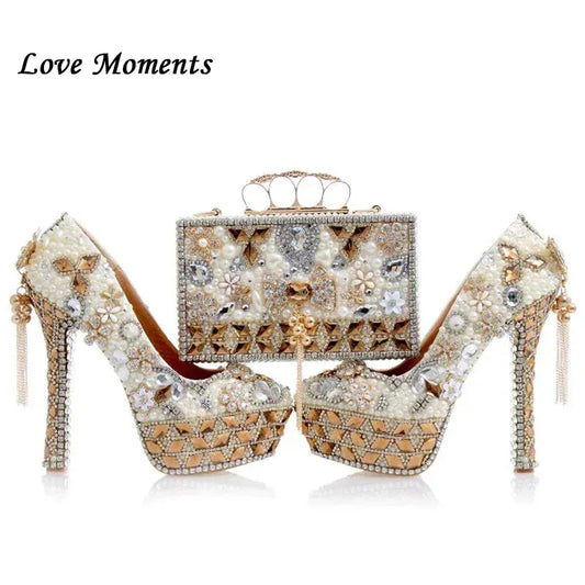 Luxury Beige Pearl Wedding Shoes with matching Bag. - BLAKESTORE-NG