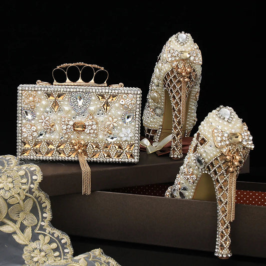 Luxury Beige Pearl Wedding Shoes with matching Bag. - Maison Novaire