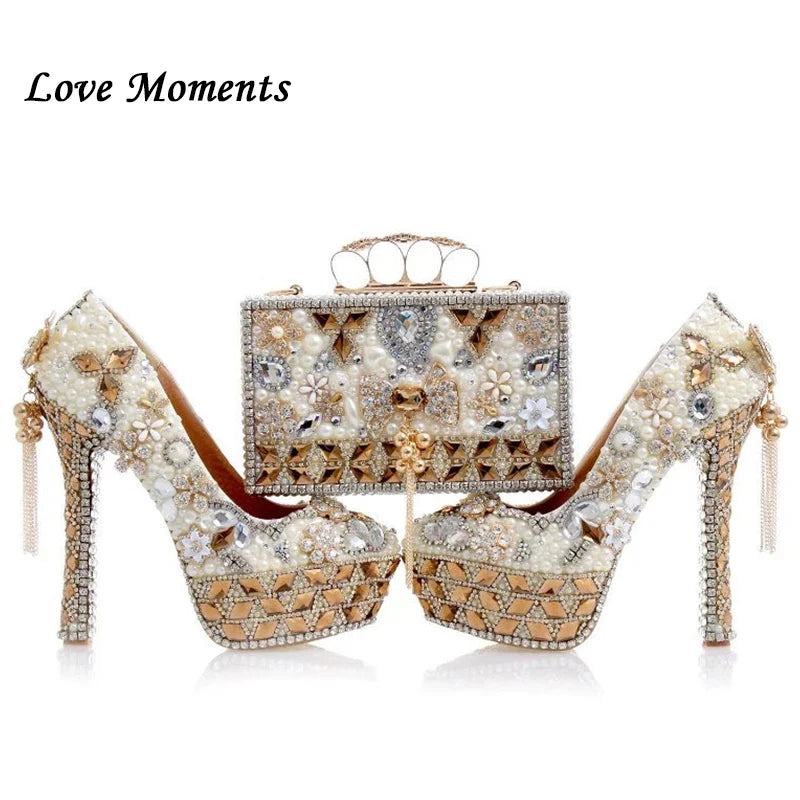 Luxury Beige Pearl Wedding Shoes with matching Bag. - Maison Novaire #