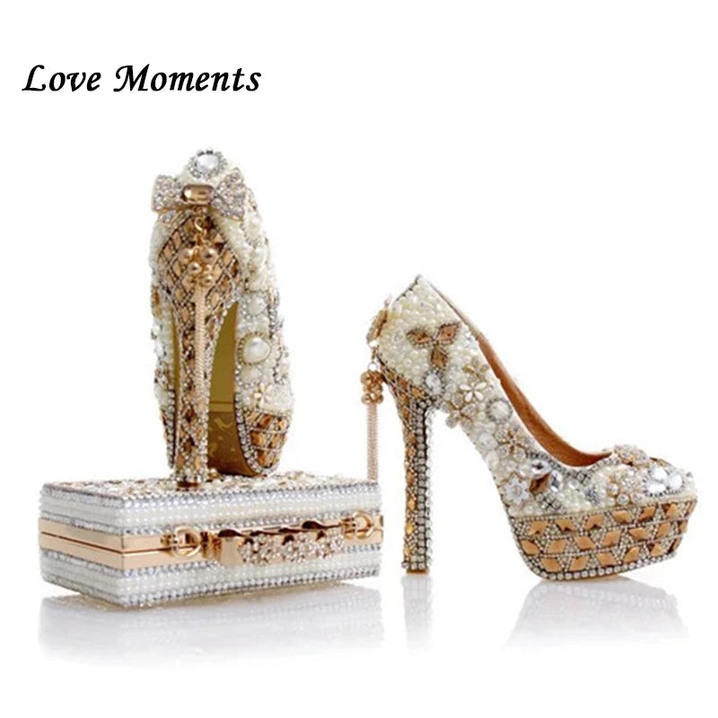 Luxury Beige Pearl Wedding Shoes with matching Bag. - Maison Novaire #