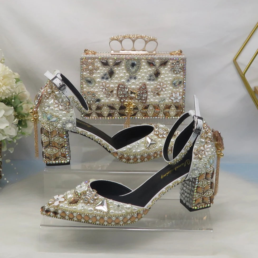 Luxury Beige Pearl Wedding Shoes with matching Bag. - Maison Novaire #