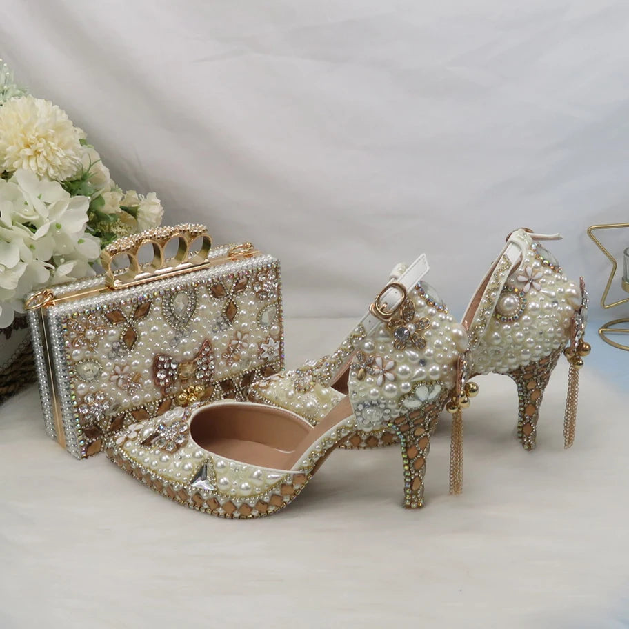 Luxury Beige Pearl Wedding Shoes with matching Bag. - Maison Novaire #