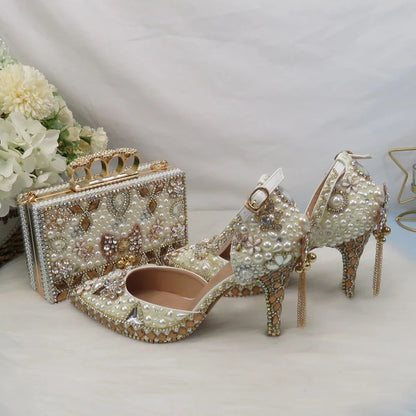 Luxury Beige Pearl Wedding Shoes with matching Bag. - Maison Novaire #