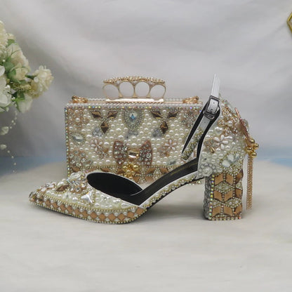 Luxury Beige Pearl Wedding Shoes with matching Bag. - Maison Novaire #