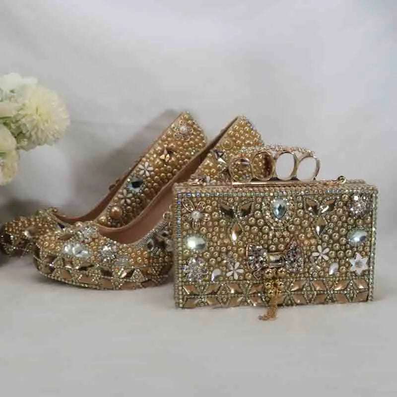 Luxury Beige Pearl Wedding Shoes with matching Bag. - Maison Novaire #