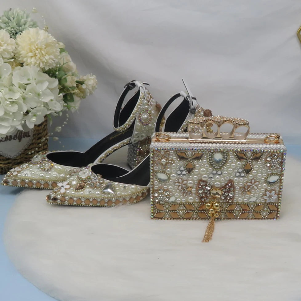 Luxury Beige Pearl Wedding Shoes with matching Bag. - Maison Novaire #