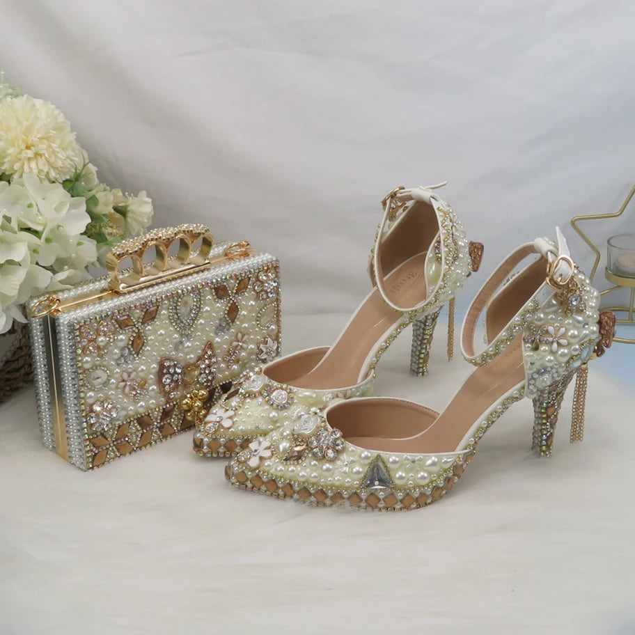 Luxury Beige Pearl Wedding Shoes with matching Bag. - Maison Novaire #