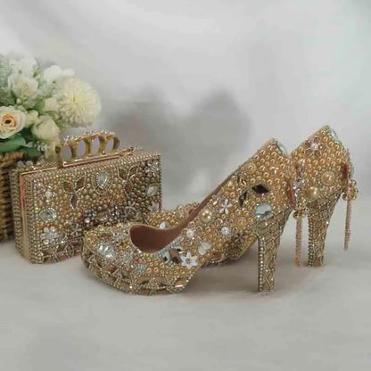 Luxury Beige Pearl Wedding Shoes with matching Bag. - Maison Novaire #