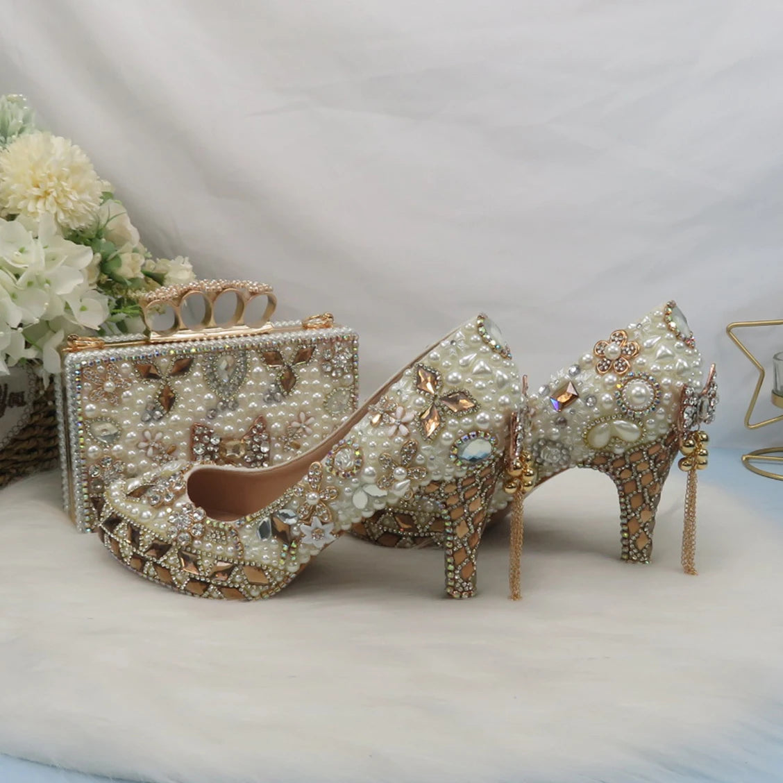 Luxury Beige Pearl Wedding Shoes with matching Bag. - Maison Novaire #