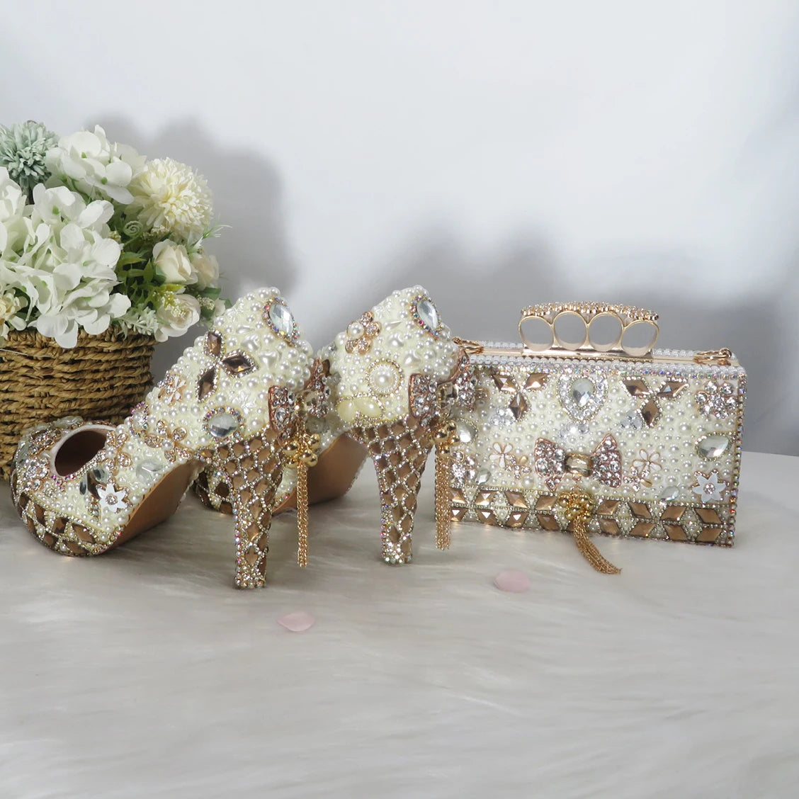 Luxury Beige Pearl Wedding Shoes with matching Bag. - Maison Novaire #
