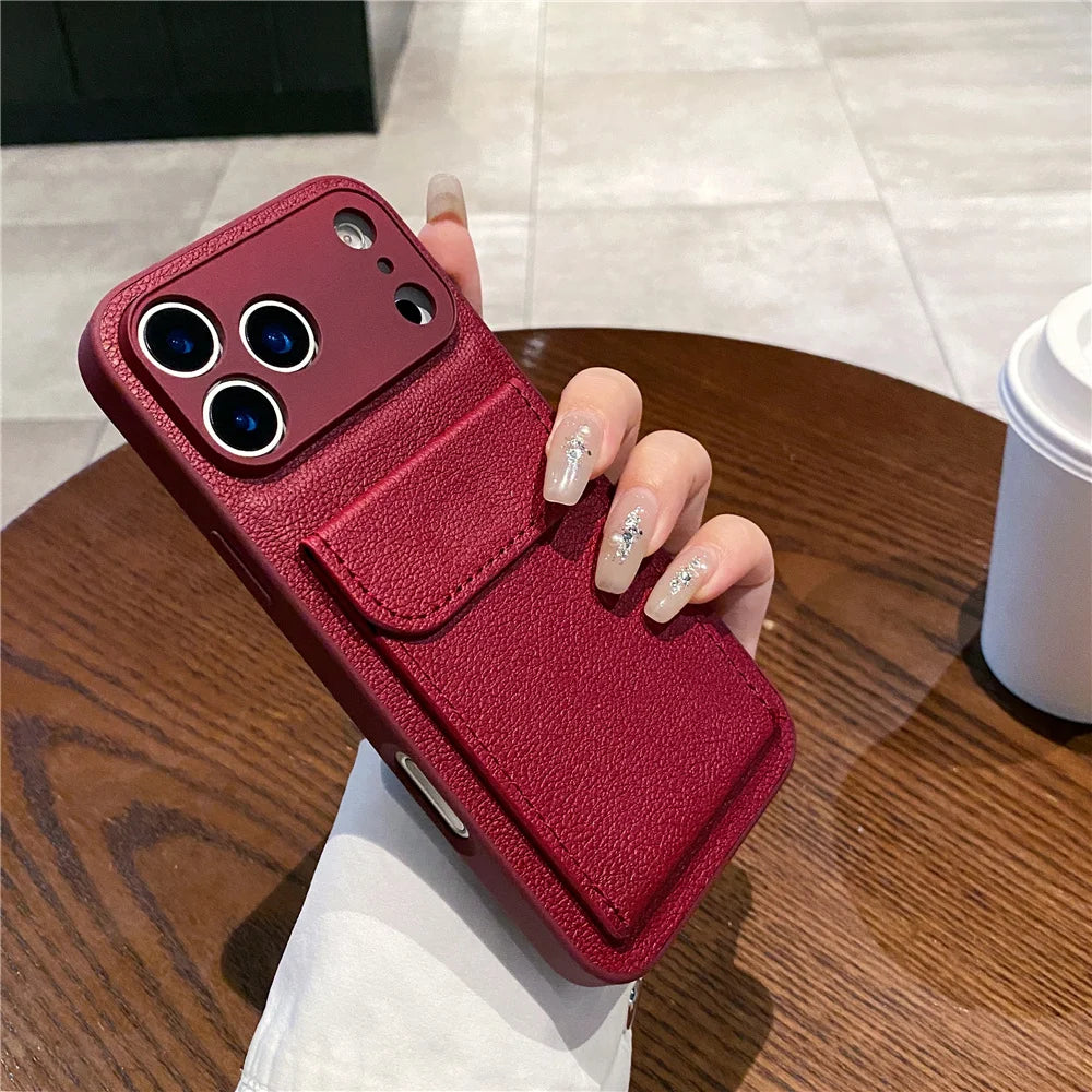 Luxury Leather Card Holder Wallet Case for iPhone – Camera Lens Protection Cover - Maison Novaire #