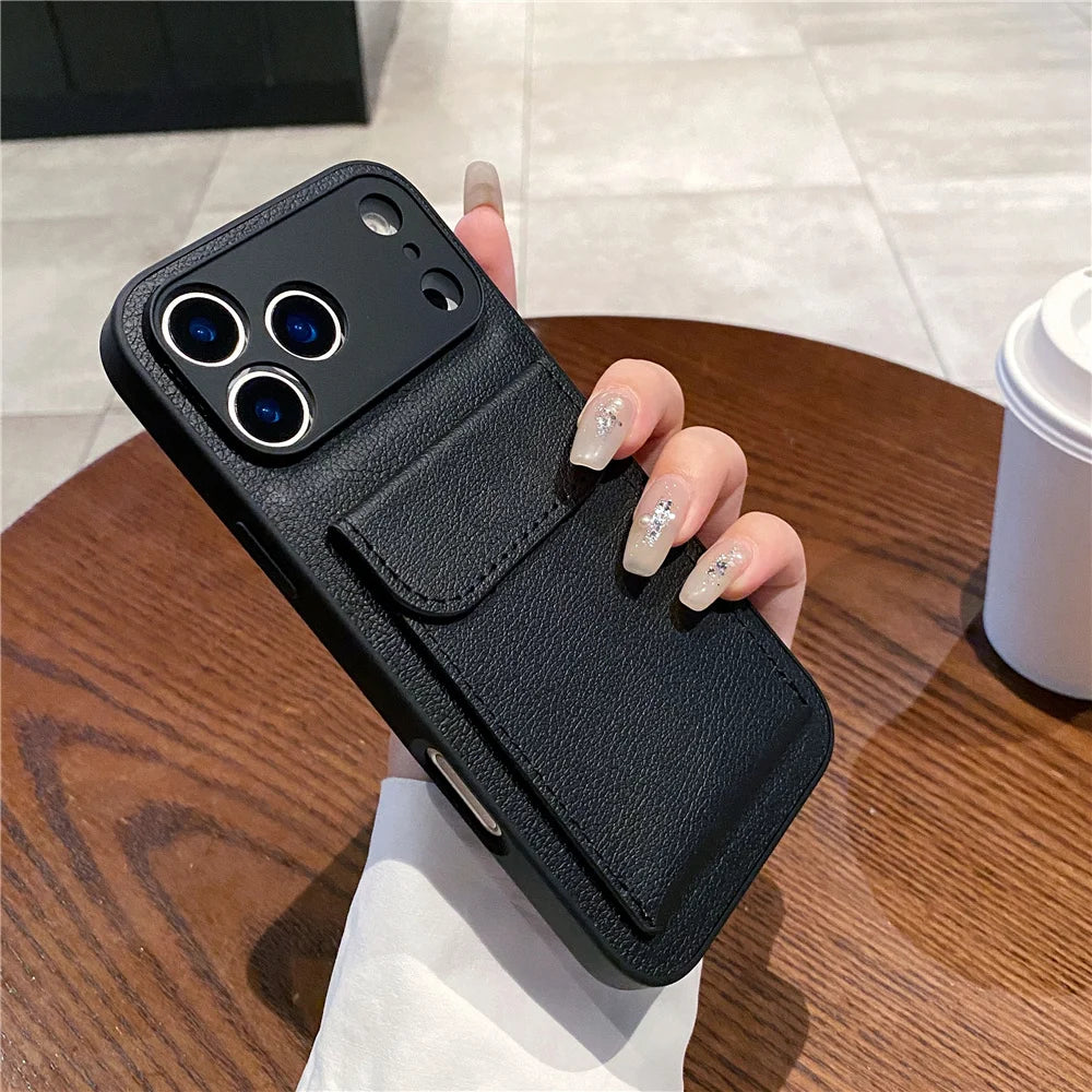 Luxury Leather Card Holder Wallet Case for iPhone – Camera Lens Protection Cover - Maison Novaire #