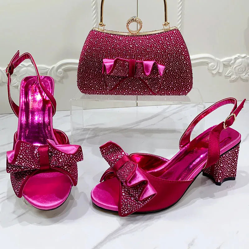 Luxury Round Toe Bow tie Party Shoes and Bag Set - BLAKESTORE-NG