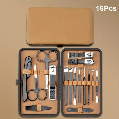 Manicure Stainless Steel Professional Kit | 15-Piece Premium Nail Care Set with Leather Case for Men & Women - BLAKESTORE-NG