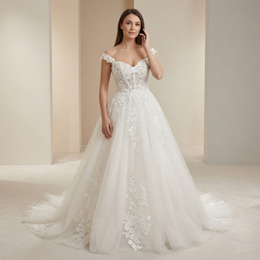 Modern Off the Shoulder Backless Lace A-line Bridal Gown with Appliques  - White / 1 - Maison Novaire