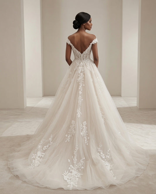 Modern Off the Shoulder Backless Lace A-line Bridal Gown with Appliques  - White / 2 - Maison Novaire