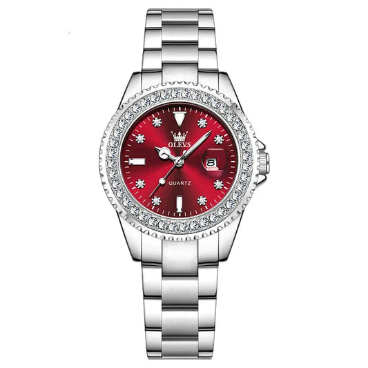 OLEVS Elegant Women’s Watch | Red Stainless Steel Quartz Calendar - BLAKESTORE-NG