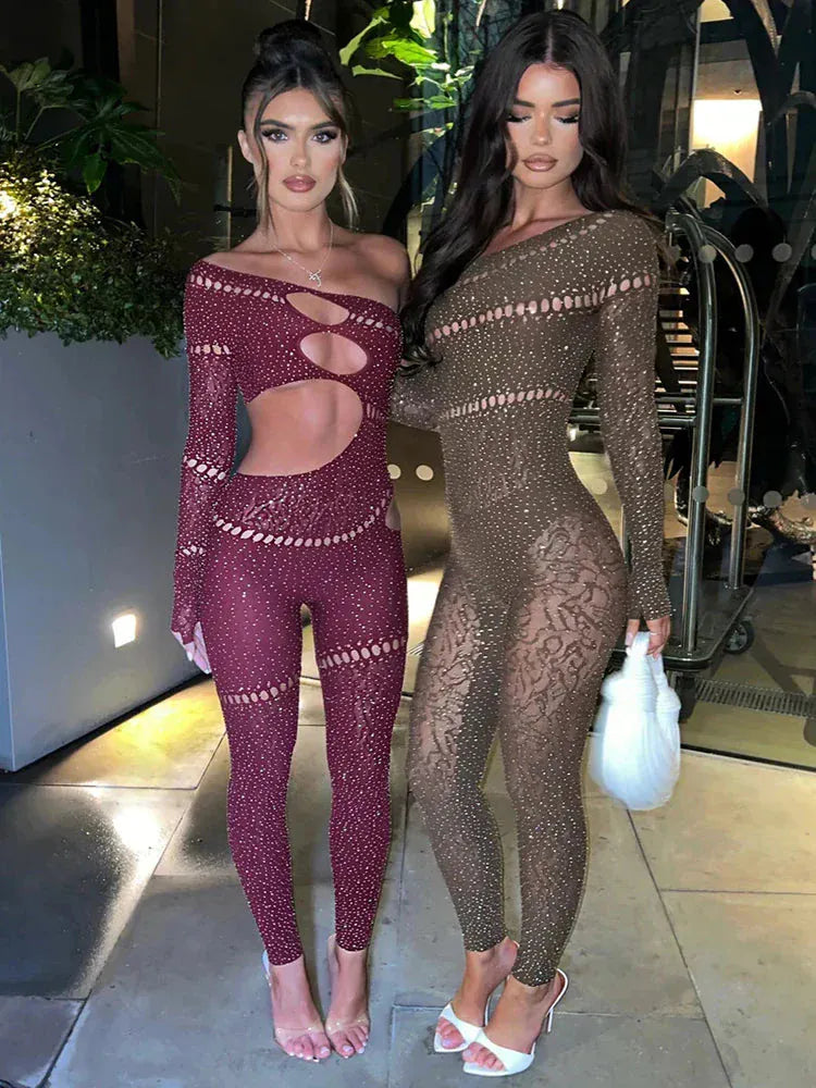 Off Shoulder Rhinestones Stretch Long Sleeve Jumpsuits. - BLAKESTORE-NG