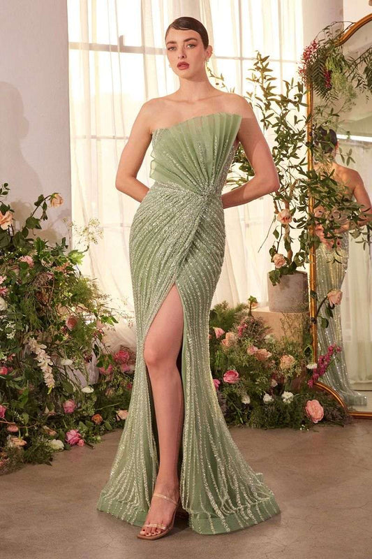 Pleated Fan Pearl Gown – Strapless Fitted Elegance - Maison Novaire