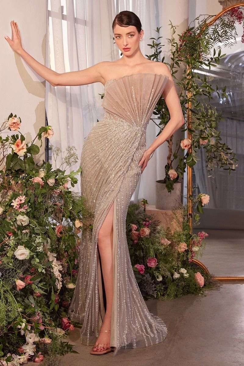 Pleated Fan Pearl Gown – Strapless Fitted Elegance - Maison Novaire