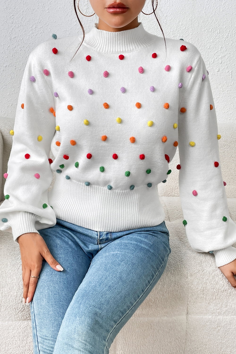 Pom-Pom Trim Mock Neck Long Sleeve Pullover Sweater. - Maison Novaire #
