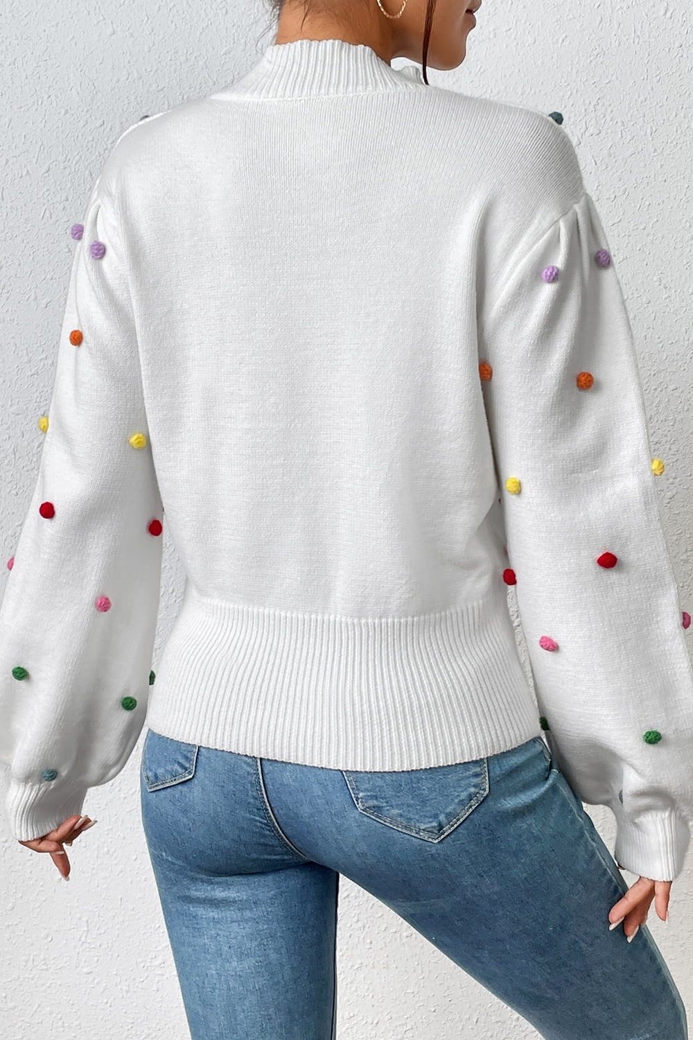 Pom-Pom Trim Mock Neck Long Sleeve Pullover Sweater. - Maison Novaire #