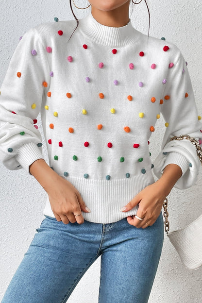 Pom-Pom Trim Mock Neck Long Sleeve Pullover Sweater. - Maison Novaire #