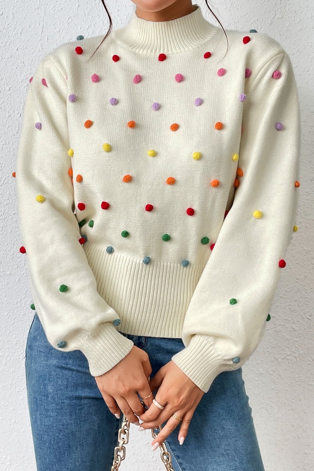 Pom-Pom Trim Mock Neck Long Sleeve Pullover Sweater. - Maison Novaire #