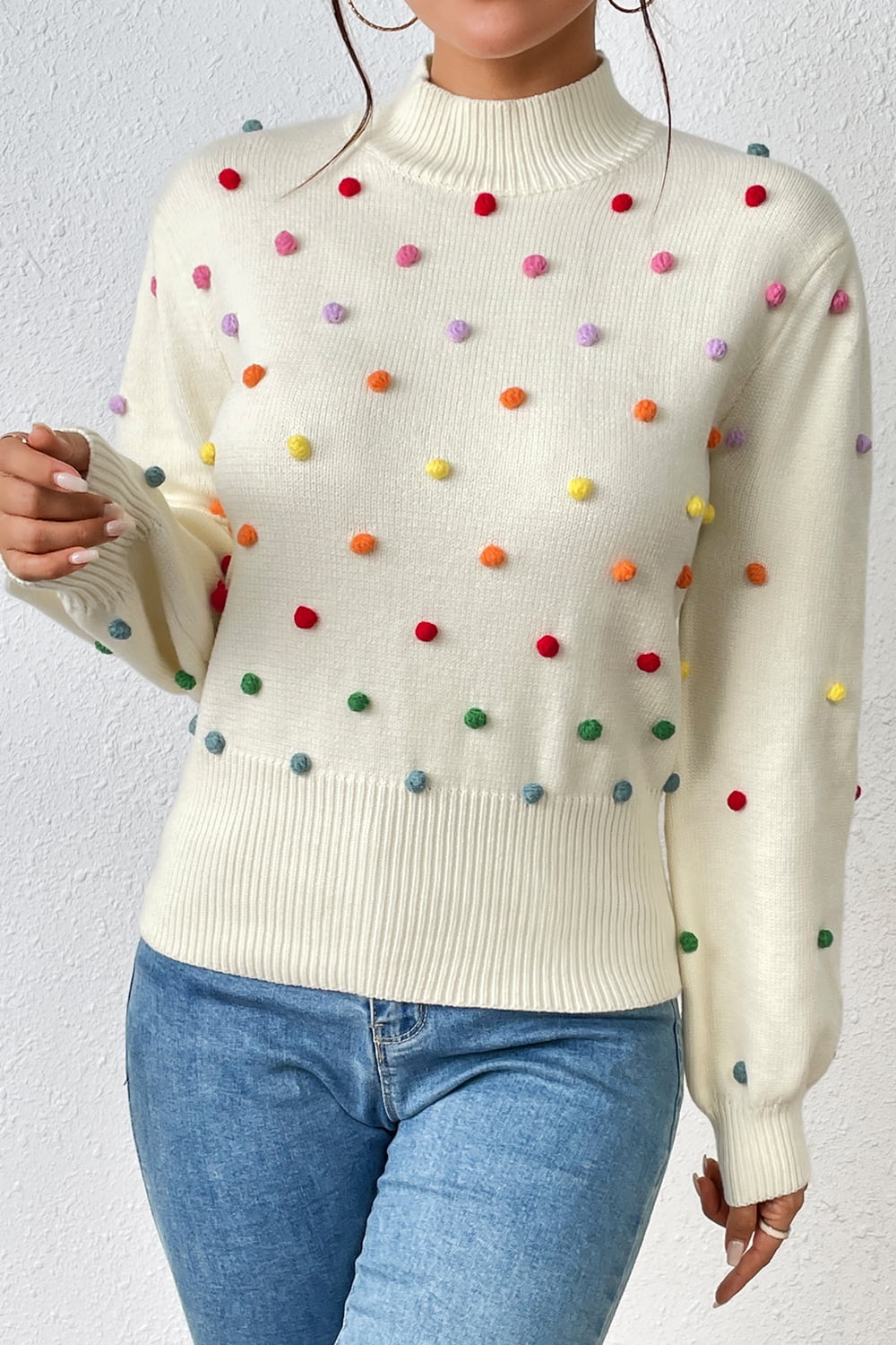 Pom-Pom Trim Mock Neck Long Sleeve Pullover Sweater. - Maison Novaire #