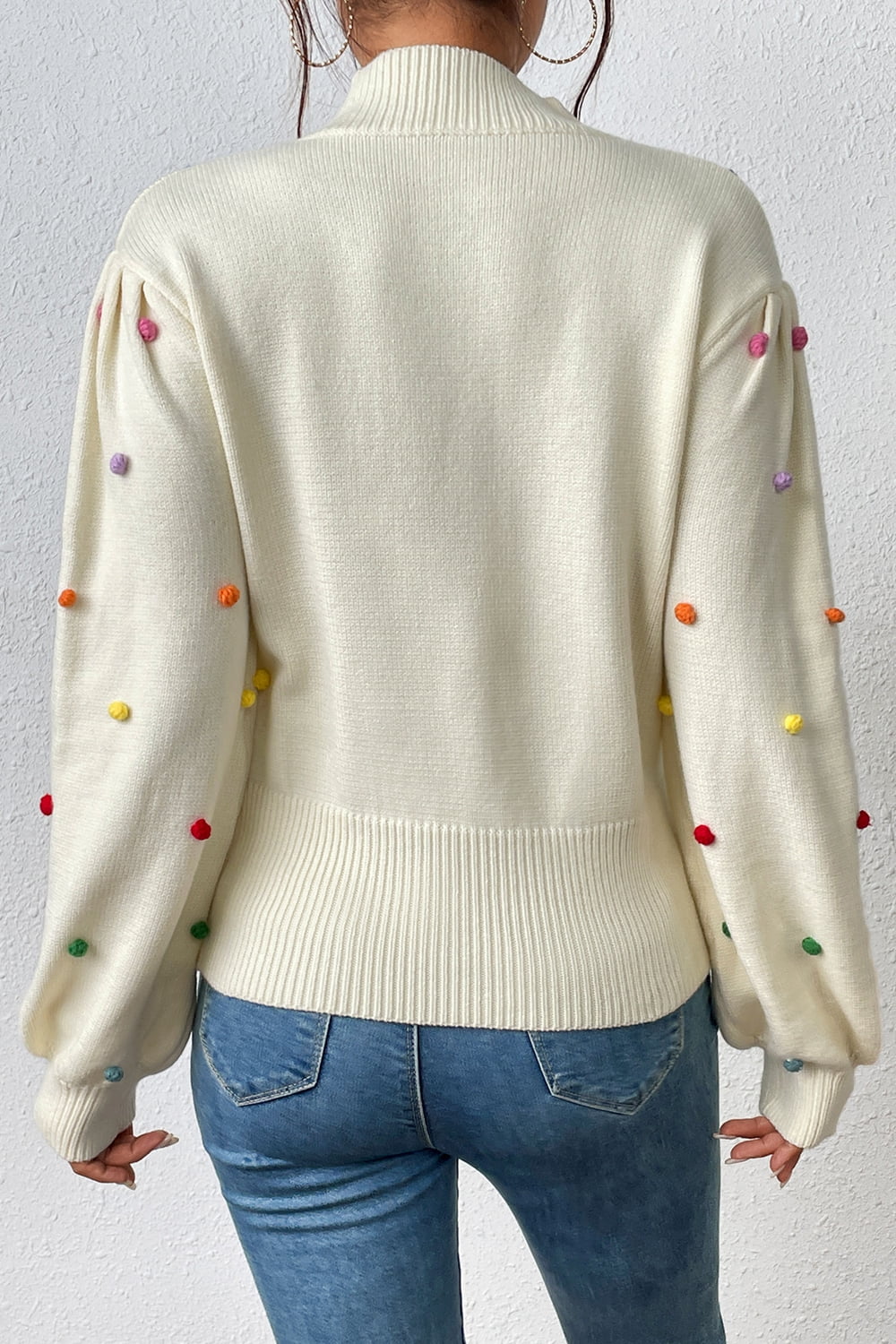 Pom-Pom Trim Mock Neck Long Sleeve Pullover Sweater. - Maison Novaire #