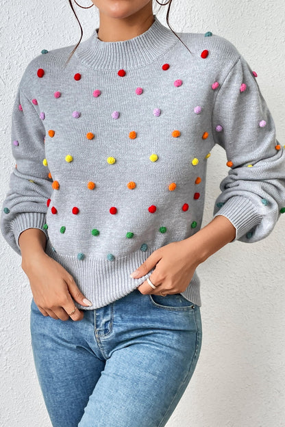 Pom-Pom Trim Mock Neck Long Sleeve Pullover Sweater. - Maison Novaire #