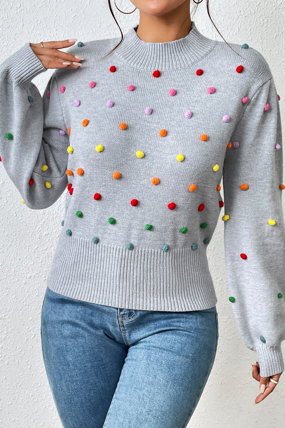 Pom-Pom Trim Mock Neck Long Sleeve Pullover Sweater. - Maison Novaire #