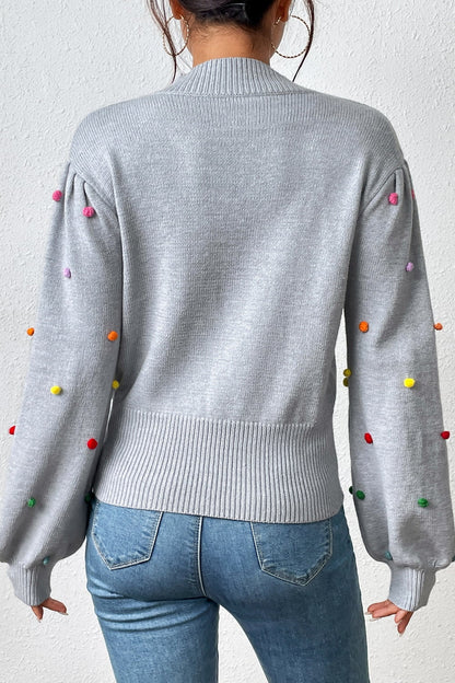 Pom-Pom Trim Mock Neck Long Sleeve Pullover Sweater. - Maison Novaire #