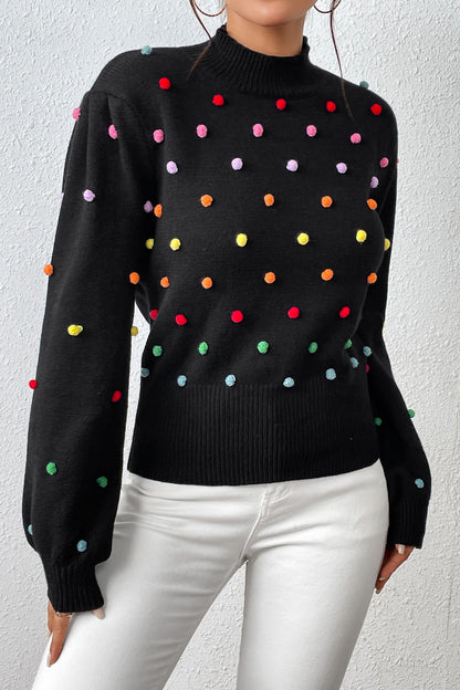 Pom-Pom Trim Mock Neck Long Sleeve Pullover Sweater. - Maison Novaire #