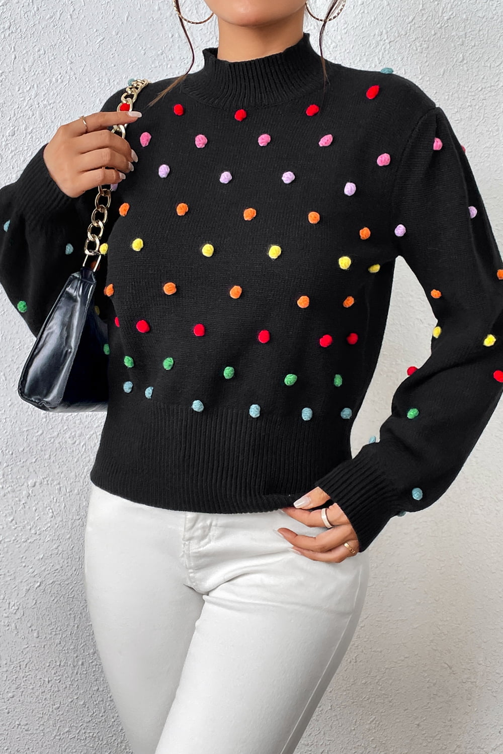 Pom-Pom Trim Mock Neck Long Sleeve Pullover Sweater. - Maison Novaire #