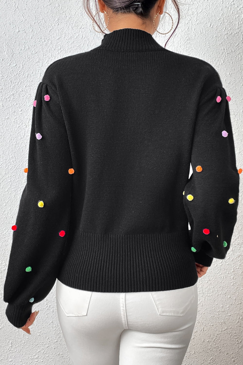 Pom-Pom Trim Mock Neck Long Sleeve Pullover Sweater. - Maison Novaire #