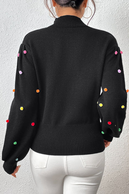 Pom-Pom Trim Mock Neck Long Sleeve Pullover Sweater. - Maison Novaire #