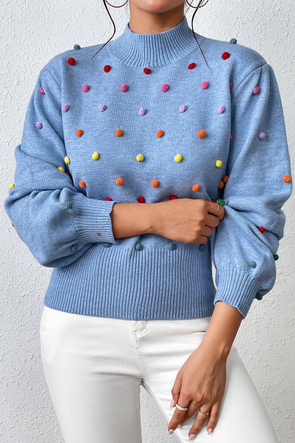 Pom-Pom Trim Mock Neck Long Sleeve Pullover Sweater. - Maison Novaire #