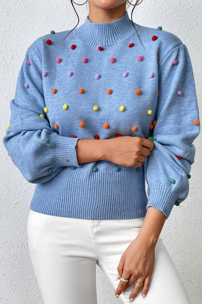 Pom-Pom Trim Mock Neck Long Sleeve Pullover Sweater. - Maison Novaire #