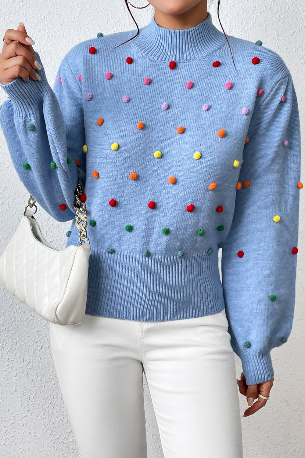 Pom-Pom Trim Mock Neck Long Sleeve Pullover Sweater. - Maison Novaire #