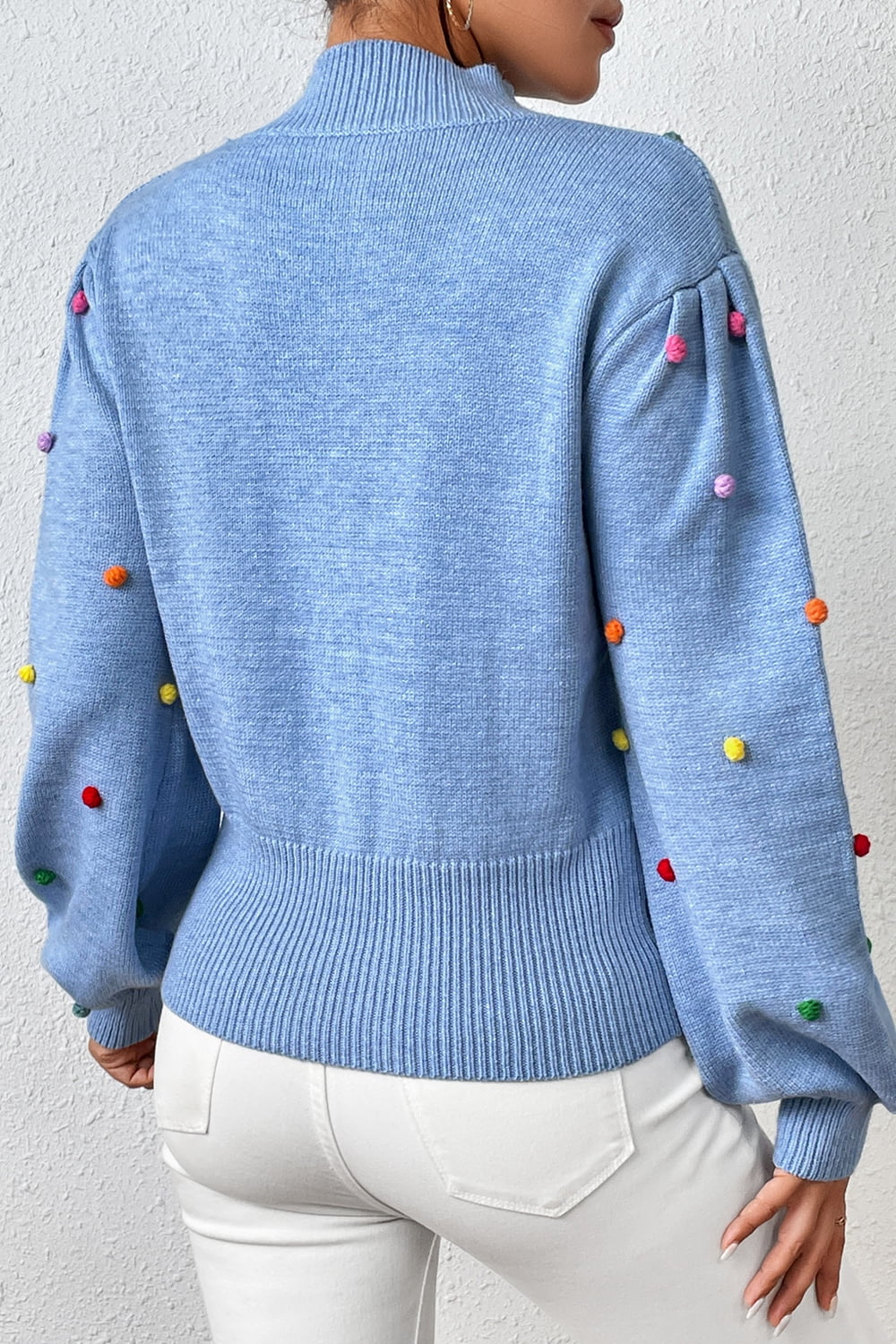 Pom-Pom Trim Mock Neck Long Sleeve Pullover Sweater. - Maison Novaire #